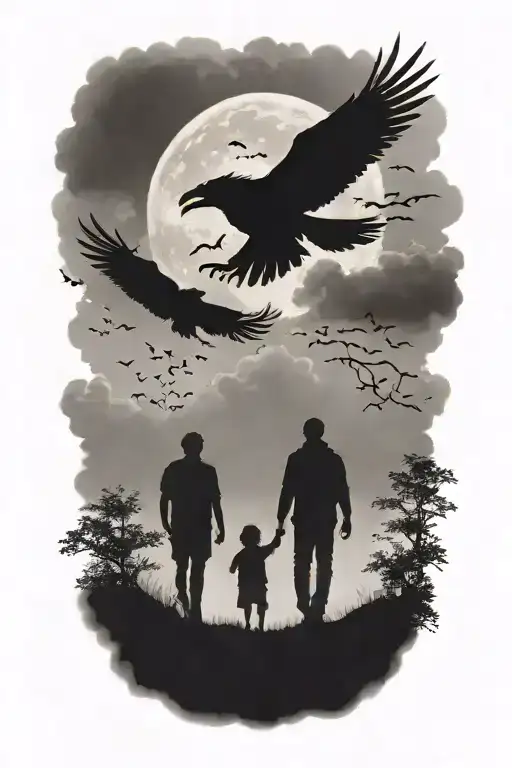 siluette, father, two kids walking away, mist, clouds, small ravens above, faded skull in the clouds tattoo design idea