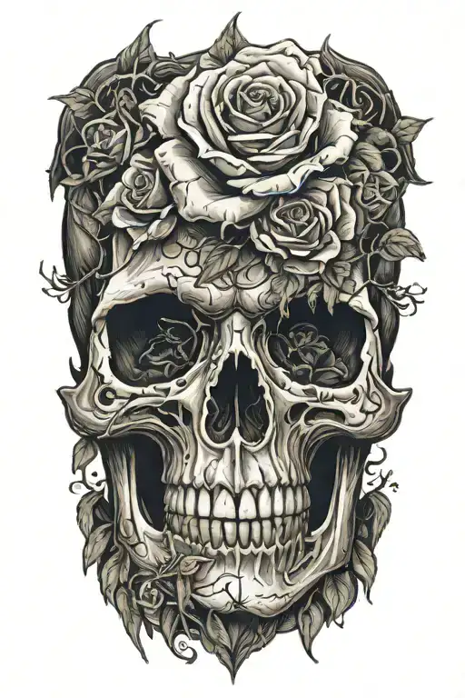 realistic design of a skull with a rose growing from its eye socket, symbolizing life and death intertwined tattoo design idea