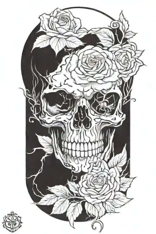 A blackwork design of a skull with a rose growing from its eye socket, symbolizing life and death intertwined tattoo design idea