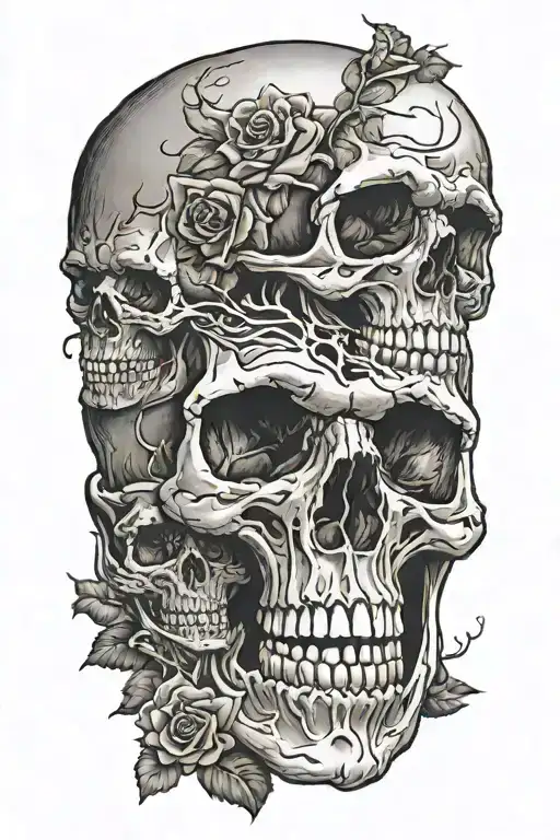 realistic skull soft shading, rose, father and two kids tattoo design idea