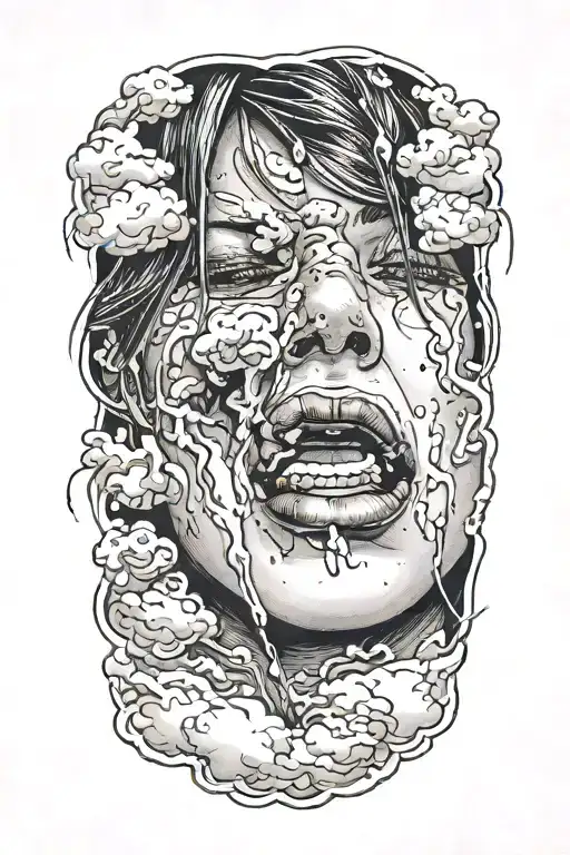 female crying, symbolizing a broken heart. faded in clouds tattoo design idea