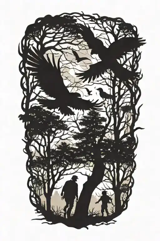 siluette of a father and two kids walking into the dark woods with ravens flying above. symbolizing future and change tattoo design idea