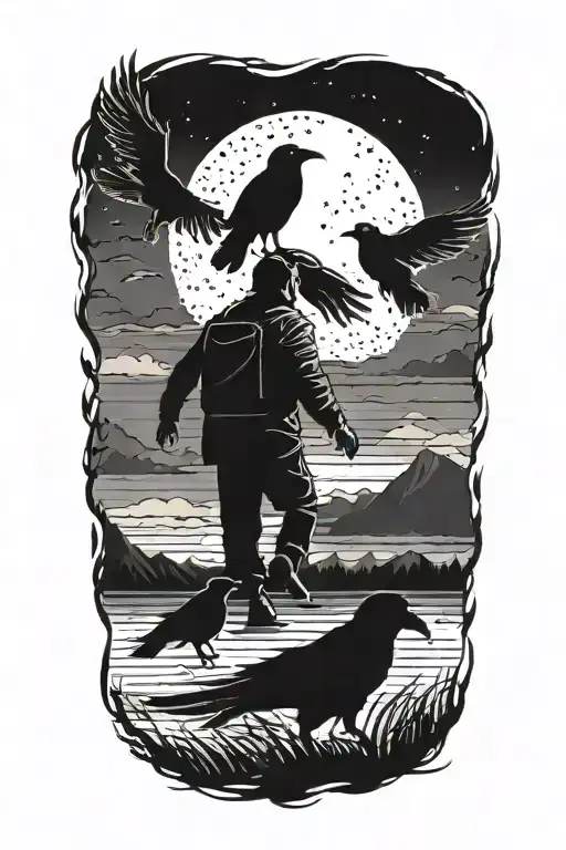 siluette of a father and two kids walking into the darkness with ravens flying above tattoo design idea