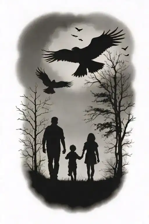 siluette, father, two kids walking away, surounded by fog, trees, small ravens above,faded skull in the clouds tattoo design idea