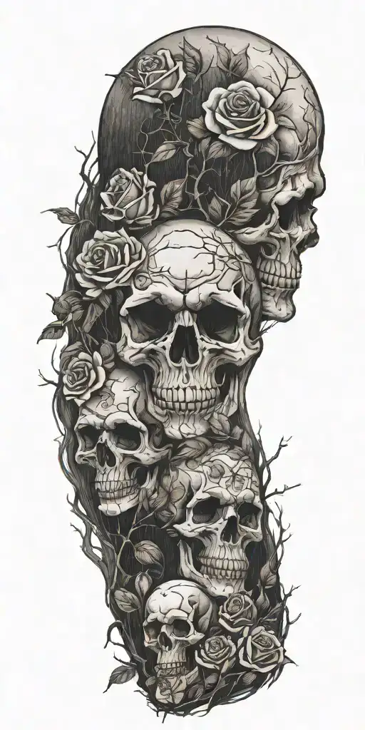 father, two kids, fog, woods, roses, skull, survival tattoo design idea