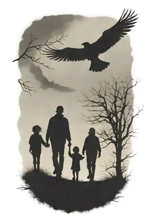 faded siluette of a father and two kids walking away. fog, trees,  with ravens flying above.  tattoo design idea