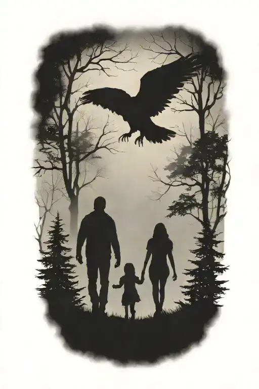 siluette, father, daughter, son walking away. surounded by fog, trees, small ravens above. faded skull tattoo design idea
