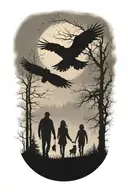 faded siluette of a father, daughter and son walking away. surounded by fog, trees, ravens siluette flying above.  tattoo design idea