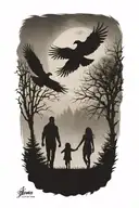 faded siluette of a father, daughter and son walking away. surounded by fog, trees, ravens siluette flying above.  tattoo design idea