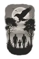 siluette, father, two kids walking away, mist, trees, small ravens above, faded skull in the clouds tattoo design idea