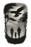 siluette, father, two kids walking away, mist, trees, small ravens above, faded skull in the clouds tattoo design idea