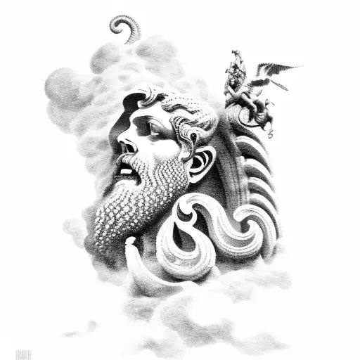 poseidon, coloseum in the background, clouds, greek tattoo design idea