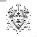 poseidon, coloseum in the background, clouds, greek tattoo design idea