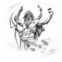 poseidon, coloseum in the background, clouds, greek tattoo design idea