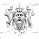 poseidon, coloseum in the background, clouds, greek tattoo design idea