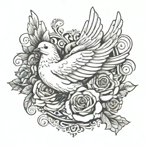 dove,rose, the name litton in cursive and clouds on ribs tattoo design idea