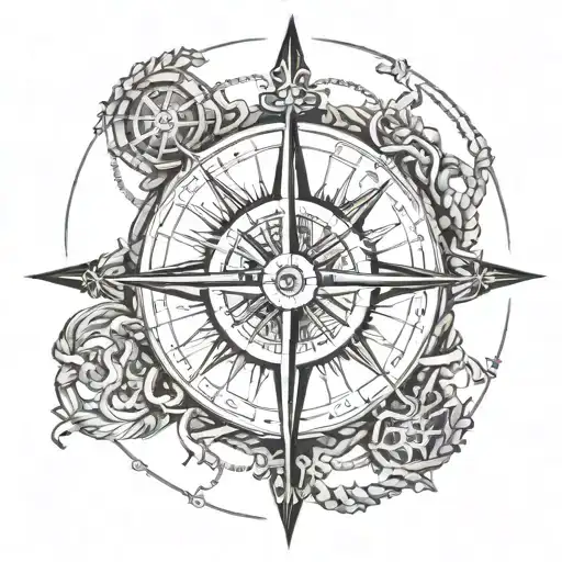 An intricate blackwork tattoo of a compass rose surrounded by nautical elements like anchors and ropes tattoo design idea