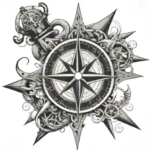 An intricate blackwork tattoo of a compass rose surrounded by nautical elements like anchors and ropes tattoo design idea