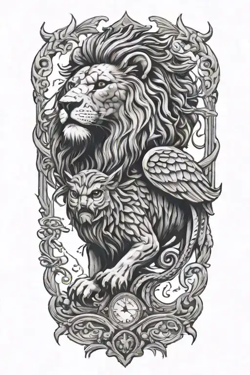 lion and owl and scales tattoo design idea