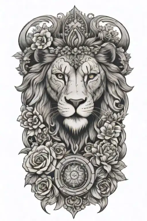 stoic, lion, scales, flower, owl tattoo design idea
