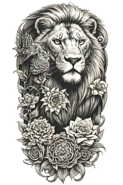 stoicism  lion and owl and scales and flower tattoo design idea