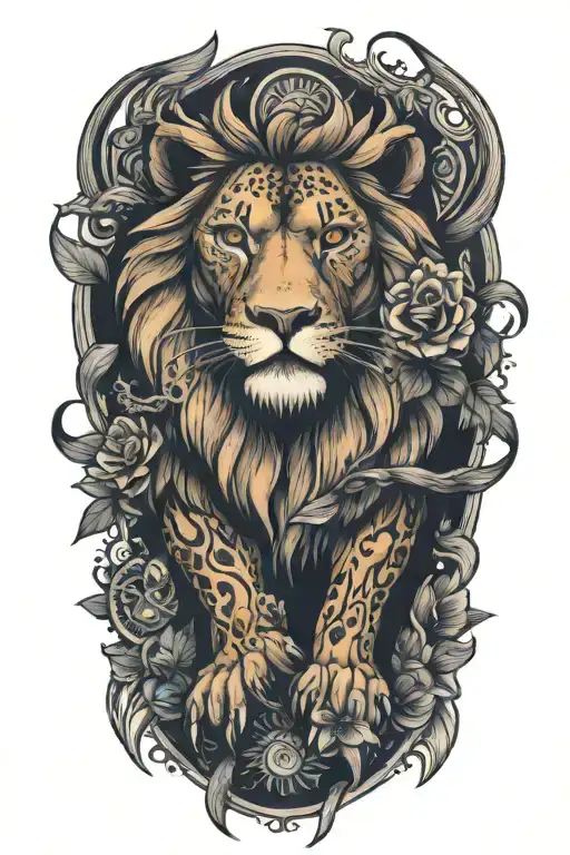 lion and owl and scales and flower tattoo design idea