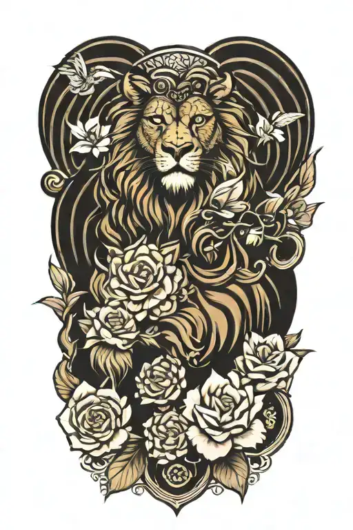 stoicism  lion and owl and scales and flower tattoo design idea