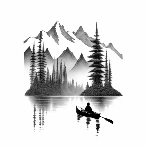 canoe in a river running through mountains in fog tattoo design idea