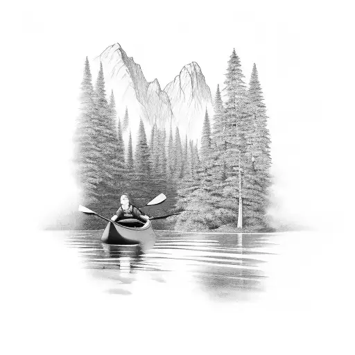 canoe in a river running through mountains tattoo design idea