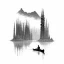 canoe in a river running through mountains in fog tattoo design idea