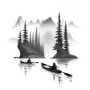 canoe in a river running through mountains in fog tattoo design idea
