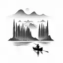 canoe in a river running through mountains in fog tattoo design idea