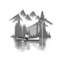 canoe in a river running through mountains tattoo design idea