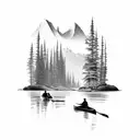 canoe in a river running through mountains tattoo design idea
