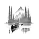 canoe in a river running through mountains tattoo design idea