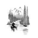 canoe in a river running through mountains tattoo design idea