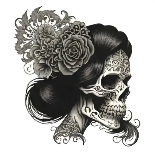 A hauntingly beautiful female skeleton adorned with intricate lace patterns tattoo design idea