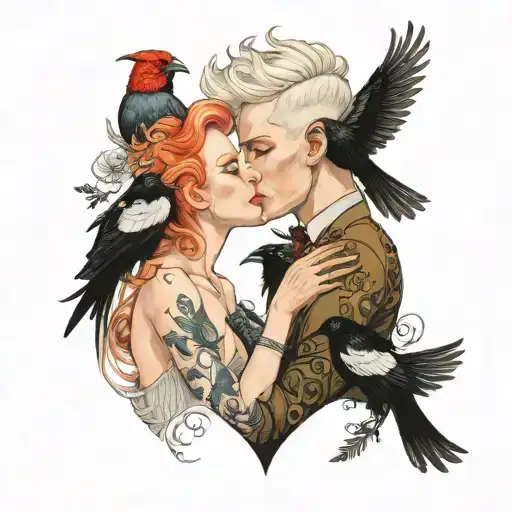 albino girl kissing a boy with magpie hair tattoo design idea