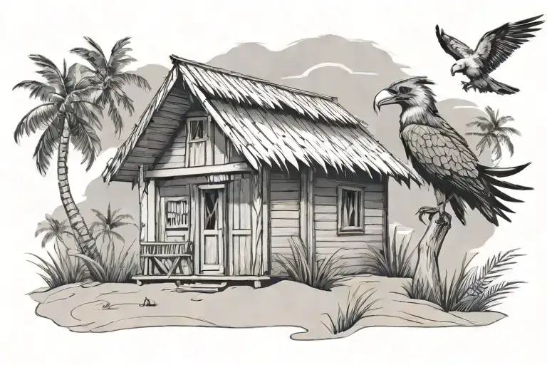 Beach hut and Philippine eagle perched tattoo design idea