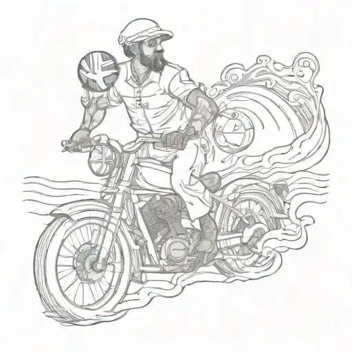 A sketch of a sailor navigating through waves with football and motorcycle motifs incorporated tattoo design idea