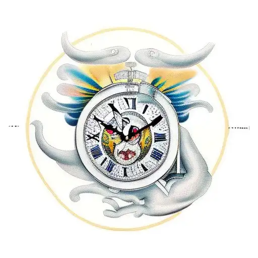Roman numeral clock with hands at 11:00, lion, dove, the name "Vincenzo" tattoo design idea