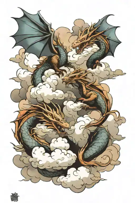 three dragons flying together above clouds and smoke tattoo design idea
