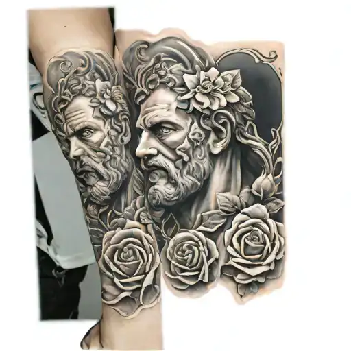 Athena, kratos, Zeus and roses sleeve tattoo design idea
