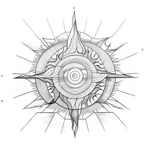 I want a gray scale geometric sun tattoo with mountains or trees with water that surrounds with big diamond shape tattoo design idea