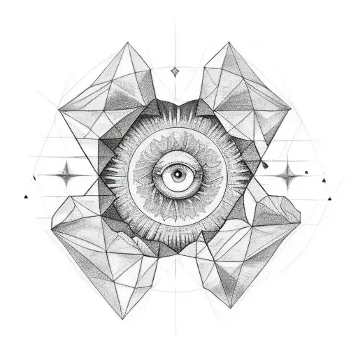 I want a gray scale geometric sun tattoo with mountains or trees with water that surrounds with big diamond shape tattoo design idea