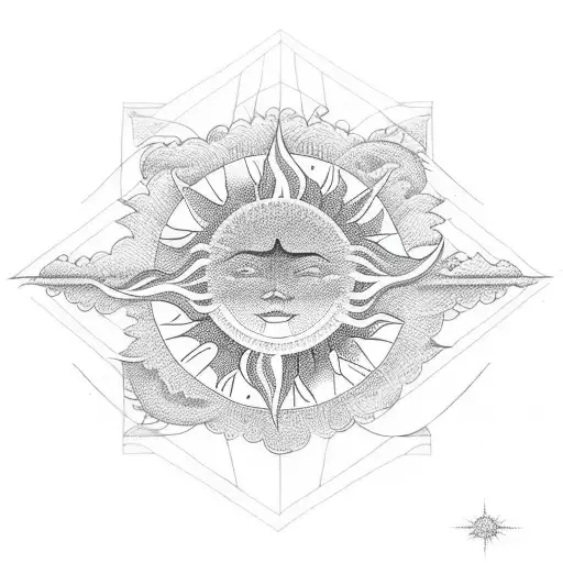 Geometric sun tattoo with mountains with water that surrounds with big rhombus shape tattoo design idea