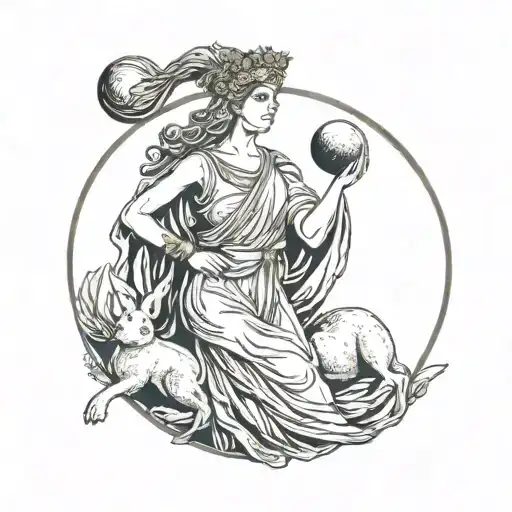 athena greek goddess holding a moon with a rabbit on it tattoo design idea