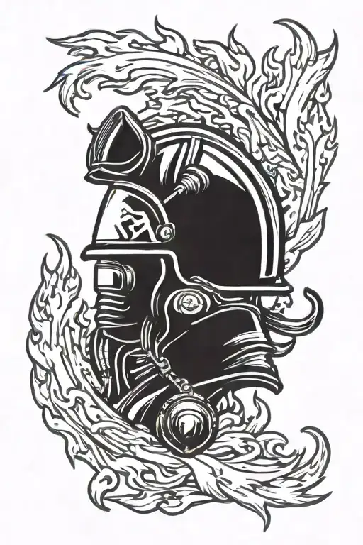 Sagittarius zodiac sign surrounded by flames wearing a firefighter's helmet tattoo design idea