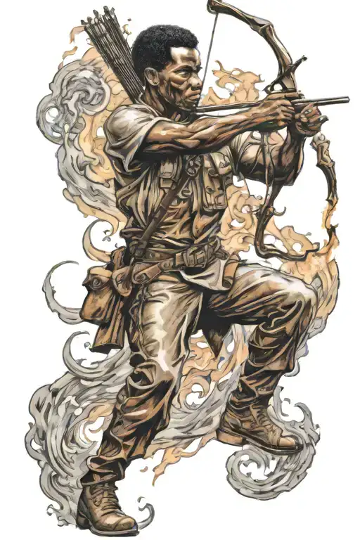 African American Sagittarius archer shooting engulfed in flames tattoo design idea
