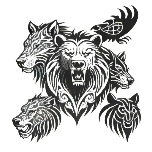bear, lion, wolf and eagle heads tattoo design idea